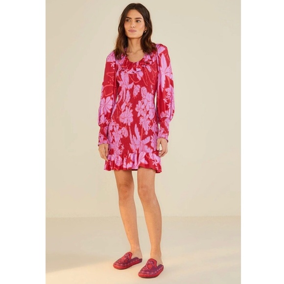 FARM Rio Dresses & Skirts - Farm Rio Living Nature Burgundy Long Sleeve Mini Dress Size M NEW